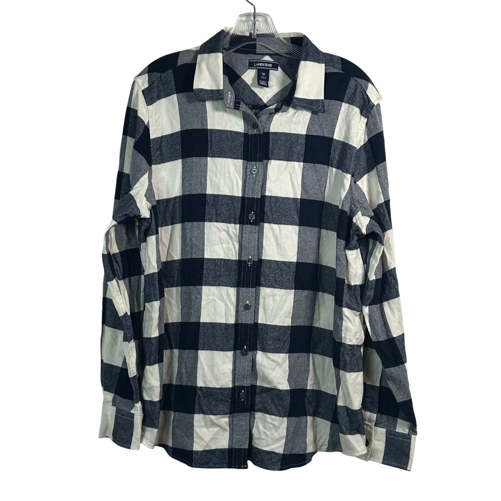 Lands End Womens 16 Navy Blue White Buffalo Plaid Cotton Button Down Shirt‎ Top